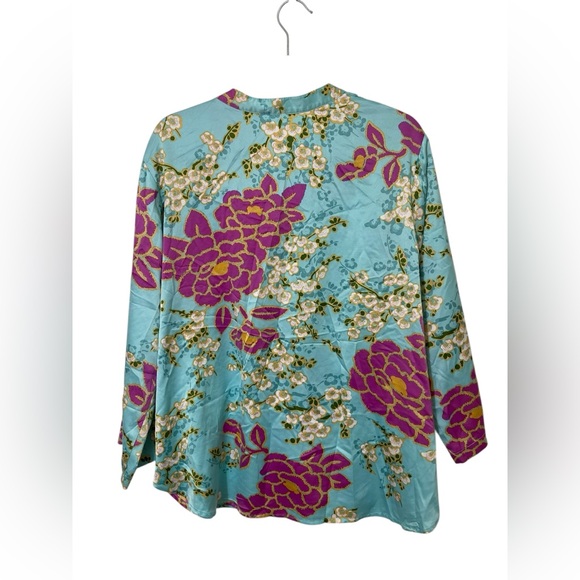 Natori Harumi Satin Pajama-Top Pull-Over Long Sleeve Floral Multicolor Women L - Picture 3 of 8